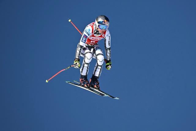 Czeck Republic's Esther Ledecka competes in the women's downhill race during the FIS Alpine Ski World Cup 2025-2026, in St Moritz, south-eastern Switzerland on December 13, 2025. (Photo by Fabrice COFFRINI / AFP)