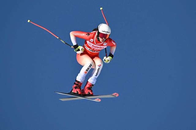 Switzerland's Malorie Blanc competes in the women's downhill race during the FIS Alpine Ski World Cup 2025-2026, in St Moritz, south-eastern Switzerland on December 13, 2025. (Photo by Fabrice COFFRINI / AFP)