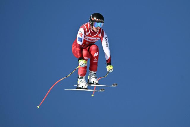 Austria's Nina Ortlieb competes in the women's downhill race during the FIS Alpine Ski World Cup 2025-2026, in St Moritz, south-eastern Switzerland on December 13, 2025. (Photo by Fabrice COFFRINI / AFP)