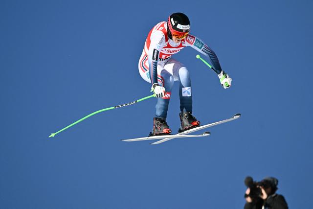 Norway's Marte Monsen competes in the women's downhill race during the FIS Alpine Ski World Cup 2025-2026, in St Moritz, south-eastern Switzerland on December 13, 2025. (Photo by Fabrice COFFRINI / AFP)