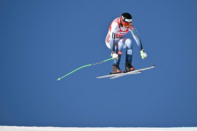 Norway's Marte Monsen competes in the women's downhill race during the FIS Alpine Ski World Cup 2025-2026, in St Moritz, south-eastern Switzerland on December 13, 2025. (Photo by Fabrice COFFRINI / AFP)