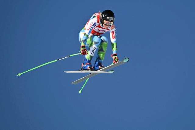 Slovenia's Ilka Stuhec competes in the women's downhill race during the FIS Alpine Ski World Cup 2025-2026, in St Moritz, south-eastern Switzerland on December 13, 2025. (Photo by Fabrice COFFRINI / AFP)