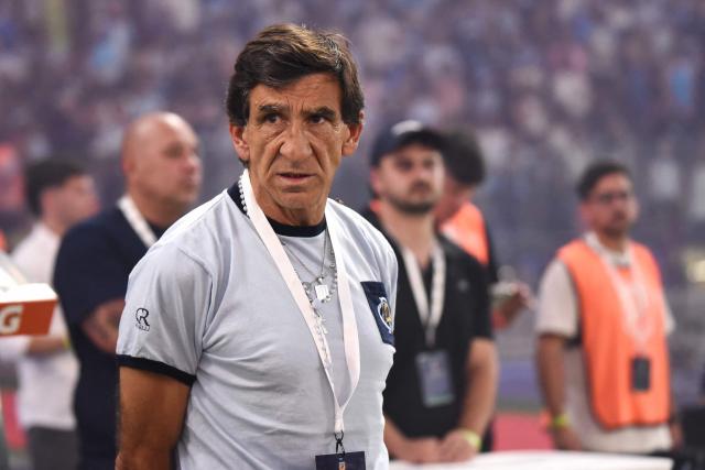 Racing's head coach Gustavo Costas gestures ahead of the Argentine Professional Football League 2025 Clausura Tournament final match between Racing and Estudiantes at the Madre de Ciudades stadium in Santiago del Estero, Argentina on December 13, 2025. (Photo by Luis Santillan / AFP)