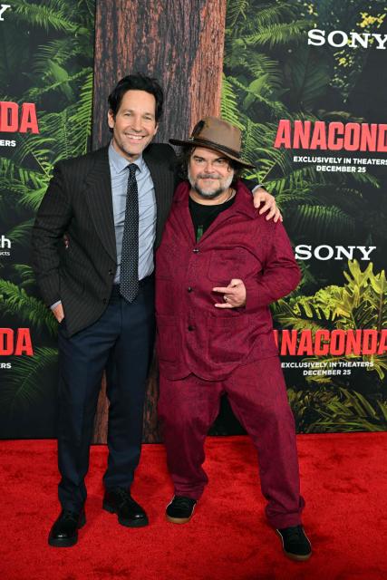 US actors Paul Rudd (L) and Jack Black attend the premiere of Columbia Pictures' "Anaconda" at The United Theater on Broadway in Los Angeles, California, on December 13, 2025. (Photo by Robyn Beck / AFP)