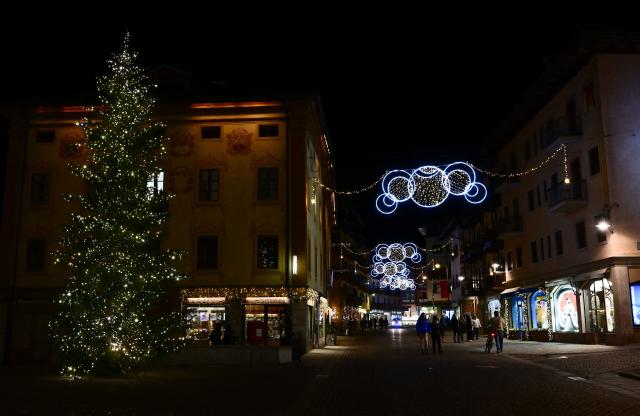 A picture shows the main street of Cortina d'Ampezzo with christmas lights ahead of Milano Cortina 2026 Olympic Games, on December 10, 2025. (Photo by Stefano RELLANDINI / AFP)