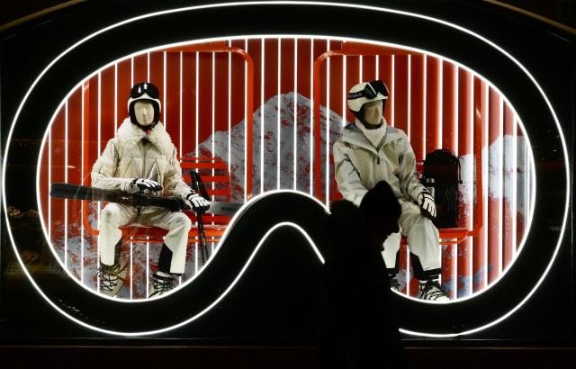 A picture shows a fashion shop window in the main street in Cortina d'Ampezzo ahead the Milano Cortina 2026 Olympic Games, on December 10, 2025. (Photo by Stefano RELLANDINI / AFP)