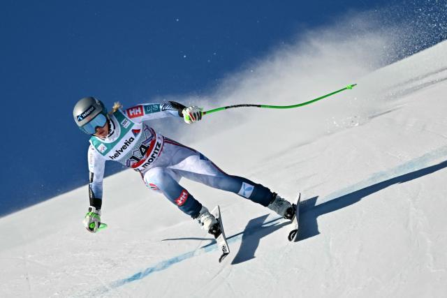 Norway's Kajsa Vickhoff Lie competes in the Women's Super G event of the FIS Alpine Skiing World Cup 2025-2026, in St. Moritz, south-eastern Switzerland on December 14, 2025. (Photo by Fabrice COFFRINI / AFP)