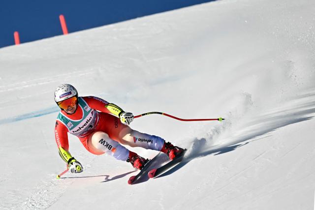 Switzerland's Joana Haehlen competes in the Women's Super G event of the FIS Alpine Skiing World Cup 2025-2026, in St. Moritz, south-eastern Switzerland on December 14, 2025. (Photo by Fabrice COFFRINI / AFP)