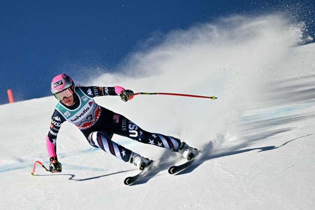 US' Keely Cashman competes in the Women's Super G event of the FIS Alpine Skiing World Cup 2025-2026, in St. Moritz, south-eastern Switzerland on December 14, 2025. (Photo by Fabrice COFFRINI / AFP)