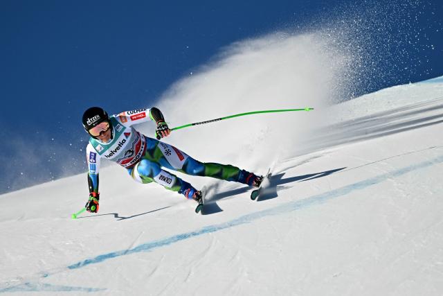 Slovenia's Ilka Stuhec competes in the Women's Super G event of the FIS Alpine Skiing World Cup 2025-2026, in St. Moritz, south-eastern Switzerland on December 14, 2025. (Photo by Fabrice COFFRINI / AFP)