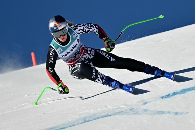 New Zealand's Alice Robinson competes in the Women's Super G event of the FIS Alpine Skiing World Cup 2025-2026, in St. Moritz, south-eastern Switzerland on December 14, 2025. (Photo by Fabrice COFFRINI / AFP)