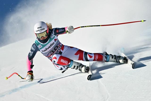 France's Karen Clement competes in the Women's Super G event of the FIS Alpine Skiing World Cup 2025-2026, in St. Moritz, south-eastern Switzerland on December 14, 2025. (Photo by Fabrice COFFRINI / AFP)