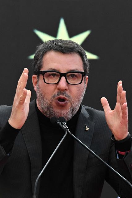 Italy's Infrastructure Minister and Deputy Prime Minister Matteo Salvini attends the Atreju political meeting organised by the young militants of Italian right wing party Brothers of Italy (Fratelli d'Italia) on December 14, 2025 in Rome. (Photo by Tiziana FABI / AFP)