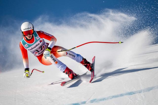 Switzerland's Malorie Blanc competes in the Women's Super G event of the FIS Alpine Skiing World Cup 2025-2026, in St. Moritz, south-eastern Switzerland on December 14, 2025. (Photo by Fabrice COFFRINI / AFP)