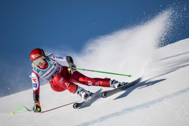 Austria's Cornelia Huetter competes in the Women's Super G event of the FIS Alpine Skiing World Cup 2025-2026, in St. Moritz, south-eastern Switzerland on December 14, 2025. (Photo by Fabrice COFFRINI / AFP)