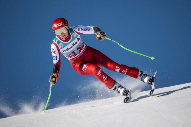 Austria's Cornelia Huetter competes in the Women's Super G event of the FIS Alpine Skiing World Cup 2025-2026, in St. Moritz, south-eastern Switzerland on December 14, 2025. (Photo by Fabrice COFFRINI / AFP)
