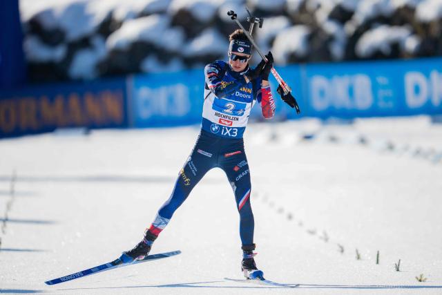 France's Eric Perrot competes during the men's 4x7,5km relay event of the IBU Biathlon World Cup in Hochfilzen, Austria on December 14, 2025. (Photo by GEORG HOCHMUTH / APA / AFP) / Austria OUT