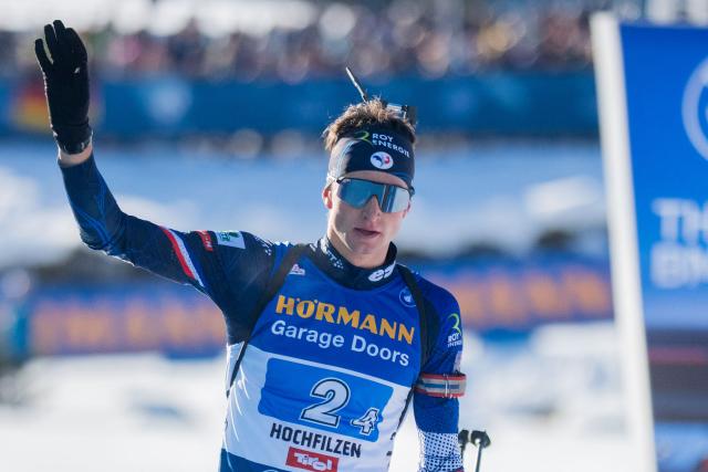 France's Eric Perrot reacts during the men's 4x7,5km relay event of the IBU Biathlon World Cup in Hochfilzen, Austria on December 14, 2025. (Photo by GEORG HOCHMUTH / APA / AFP) / Austria OUT