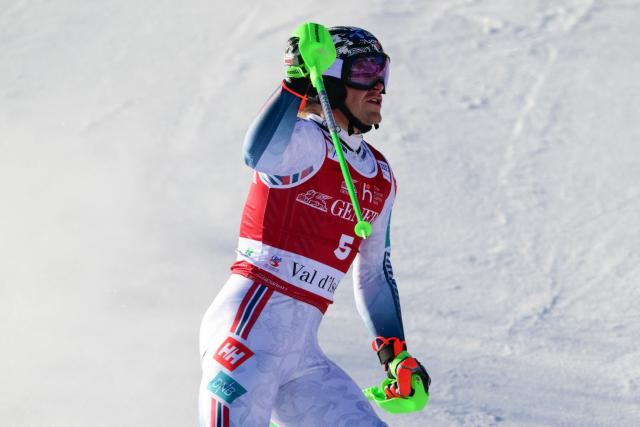 Norway's Timon Haugan reacts after the second run of the Men's Slalom event of the FIS Alpine Skiing World Cup in Val d'Isere, on December 14, 2025. (Photo by Olivier CHASSIGNOLE / AFP)