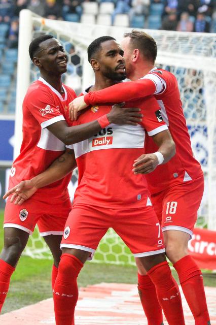 Antwerp's Gyrano Kerk celebrates after scoring a goal during the Belgium Pro League football match between KAA Gent and Royal Antwerp FC in Gent, on December 14, 2025. (Photo by JILL DELSAUX / Belga / AFP) / Belgium OUT