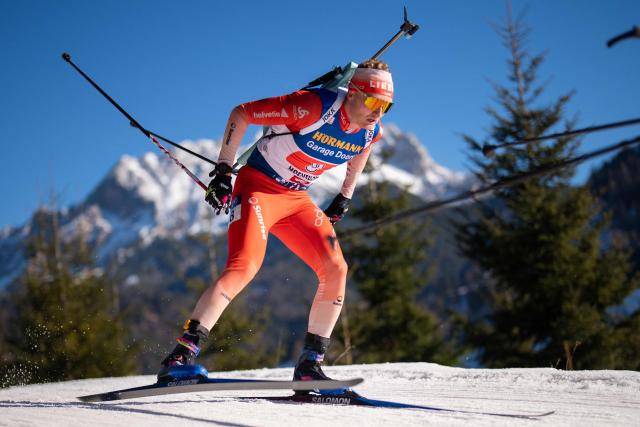 Switzerland's Sebastian Stalder competes during the men's 4x7,5km relay event of the IBU Biathlon World Cup in Hochfilzen, Austria on December 14, 2025. (Photo by GEORG HOCHMUTH / APA / AFP) / Austria OUT