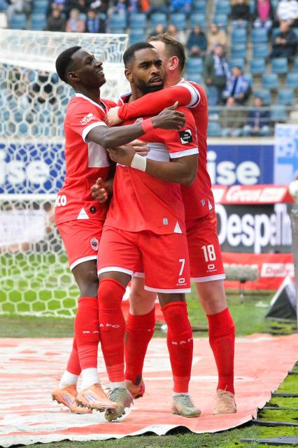 Antwerp's Gyrano Kerk celebrates after scoring a goal during the Belgium Pro League football match between KAA Gent and Royal Antwerp FC in Gent, on December 14, 2025. (Photo by JILL DELSAUX / Belga / AFP) / Belgium OUT