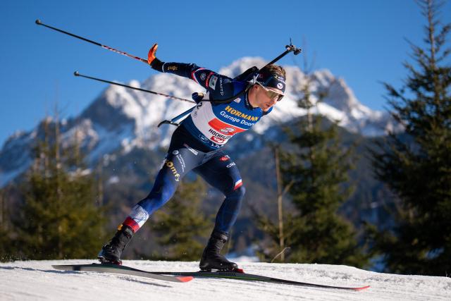 France's Fabien Claude competes during the men's 4x7,5km relay event of the IBU Biathlon World Cup in Hochfilzen, Austria on December 14, 2025. (Photo by GEORG HOCHMUTH / APA / AFP) / Austria OUT