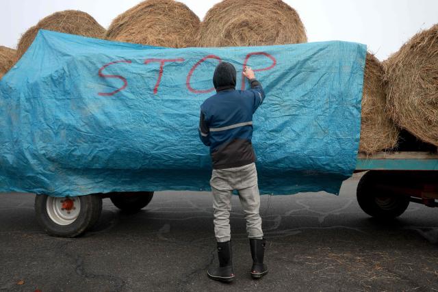 A farmer writes a slogan on a banner neat Rives d'Arcins shopping center in Bègles, on the outskirts of Bordeaux, south-western France, on December 14, 2025, to protest against the health policy put in place to eradicate lumpy skin disease affecting cattle. On December 12, 2025 French veterinarians slaughtered a herd of cows thought to be diseased after police dispersed angry farmers trying to protect them, an AFP reporter said, as an agricultural union called for nationwide protests. French farmers are unhappy with the state's management of an outbreak of nodular dermatitis -- widely known as lumpy skin disease. (Photo by ROMAIN PERROCHEAU / AFP)