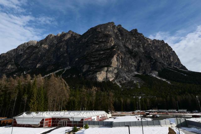 A picture shows a part of the Cortina Athletes reception village builded by Simico, the company in charge of the infrastructure works for the temporary complex of modular mobile homes ahead of Milano Cortina 2026 Olympic Games, in Fiames, near Cortina d'Ampezzo, on December 11, 2025. (Photo by Stefano RELLANDINI / AFP)