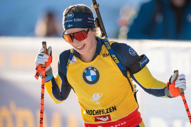 2nd placed Sweden's Anna Magnusson reacts after competing in the women's 10km pursuit event of the IBU Biathlon World Cup in Hochfilzen, Austria on December 14, 2025. (Photo by GEORG HOCHMUTH / APA / AFP) / Austria OUT