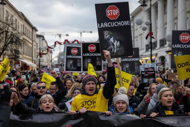 Participants hold banners reading "Stop Chains" during a demonstration on December 14, 2025 in Warsaw, against the Polish President's veto of the so-called “Chain Law,” which was intended to ban keeping dogs on chains in Poland and regulate the minimum space and conditions in which pets can be kept. (Photo by Wojtek RADWANSKI / AFP)