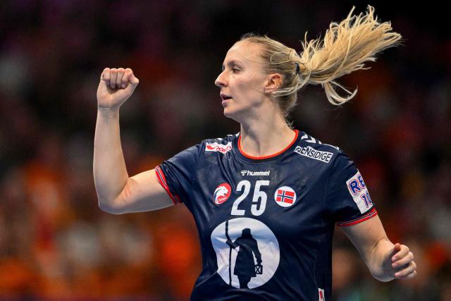 Norway's centre back #25 Henny Ella Reistad celebrate after scoring during the IHF Women's Handball World Championship final match between Germany and Norway at the Rotterdam Ahoy Arena, in Rotterdam on December 14, 2025. (Photo by JOHN THYS / AFP)
