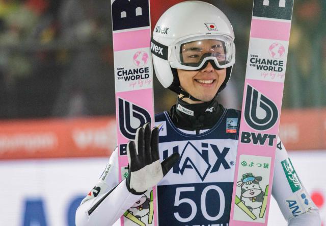 Japan's Naoki Nakamura reacts after competing in the men's Individual Large Hill HS140 of the FIS Ski Jumping World Cup in Klingenthal, eastern Germany on December 14, 2025 (Photo by JENS SCHLUETER / AFP)