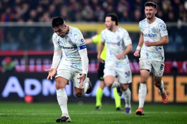 Inter Milan’s Argentine forward #10 Lautaro Martнnez celebrates after scoring a goal during the Italian Serie A football match between Genoa and Inter Milan at Luigi Ferraris Stadium in Genoa on December 14, 2025. (Photo by MARCO BERTORELLO / AFP)