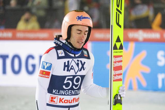 Austria's Stefan Kraft reacts after competing in the men's Individual Large Hill HS140 of the FIS Ski Jumping World Cup in Klingenthal, eastern Germany on December 14, 2025 (Photo by JENS SCHLUETER / AFP)