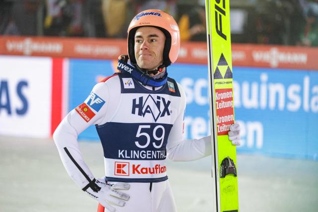 Austria's Stefan Kraft reacts after competing in the men's Individual Large Hill HS140 of the FIS Ski Jumping World Cup in Klingenthal, eastern Germany on December 14, 2025 (Photo by JENS SCHLUETER / AFP)