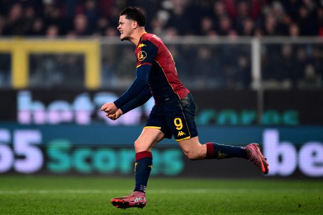 Genoa’s Portuguese forward #9 Vitinha celebrates after scoring a goal during the Italian Serie A football match between Genoa and Inter Milan at Luigi Ferraris Stadium in Genoa on December 14, 2025. (Photo by MARCO BERTORELLO / AFP)