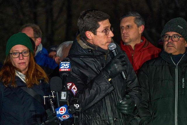 Providence Mayor Brett Smiley speaks during a candlelight vigil the following day of a mass shooting on the campus of Brown University, in Providence, Rhode Island on December 14, 2025. US authorities on Sunday detained a person of interest in the mass shooting at Brown University that left two people dead and nine others wounded, the latest in a long line of school attacks nationwide. (Photo by Bing Guan / AFP)