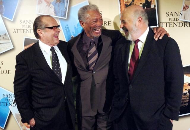 (FILES) US director Rob Reiner (R) and US actors Morgan Freeman (C) and Jack Nicholson pose during the photocall of the movie "The Bucket list" directed by Reiner on January 17, 2008 in Paris. US director Rob Reiner and his wife Michele Reiner were found dead at their southern California mansion, CNN and NBC reported on December 14, 2025. Los Angeles police said in a media conference on Sunday evening they would not yet publicly confirm the identities of the two people found dead at the residence of the "When Harry Met Sally" director, and were not interviewing any suspects. (Photo by JEAN AYISSI / AFP)