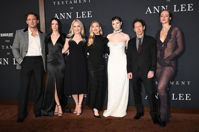(L-R) US actor Lewis Pullman, French actress Stacy Martin, Norwegian director Mona Fastvold, US actress Amanda Seyfried, New Zealand actress Thomasin McKenzie, US actor Tim Blake Nelson and US actress Natalie Shinnick attend the Los Angeles premiere of "The Testament of Ann Lee" at the Linwood Dunn Theatre on December 14, 2025 in Los Angeles, California. (Photo by Robyn Beck / AFP)