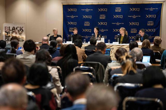 Journalist and Director Shiori Ito (3rd R) speaks during a press conference following a press screening event of the film "Black Box Diaries" in Tokyo on December 15, 2025. (Photo by Yuichi YAMAZAKI / AFP)