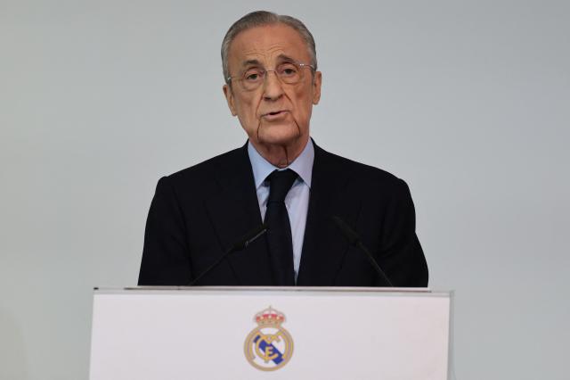 Real Madrid's President Florentino Perez delivers a speech duirng traditional year-end holiday gathering of journalists and other guests at the Santiago Bernabeu stadium in Madrid on December 15, 2025. (Photo by Thomas COEX / AFP)