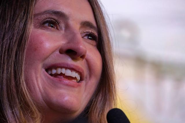 Colombian senator Paloma Valencia delivers a speech after being elected presidential candidate for the Democratic Center party in Bogota on December 15, 2025. Colombia's main opposition party chose as its candidate to succeed leftist President Gustavo Petro in 2026 a senator aligned with Donald Trump who backs his pressure on Venezuelan President Nicolas Maduro. (Photo by Mariano Vimos / AFP)