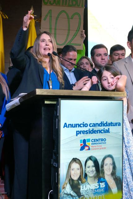 Colombian senator Paloma Valencia delivers a speech after being elected presidential candidate for the Democratic Center party in Bogota on December 15, 2025. Colombia's main opposition party chose as its candidate to succeed leftist President Gustavo Petro in 2026 a senator aligned with Donald Trump who backs his pressure on Venezuelan President Nicolas Maduro. (Photo by Mariano Vimos / AFP)