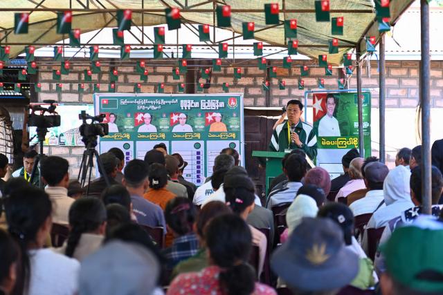 This photo taken on December 10, 2025 shows former Myanmar general and Union Minister for Transport and Communications Mya Htun Oo, candidate of the Myanmar military-backed Union Solidarity and Development Party (USDP), speaking at a campaign event ahead of Myanmar's general election in Pyin Oo Lwin in Myanmar's Mandalay region. Myanmar's military has promised a phased election -- which begins on December 28 in around a third of the country's townships -- will salve the country's conflict and return the country to civilian rule. (Photo by Sai Aung MAIN / AFP) / To go with 'MYANMAR-VOTE-POLITICS-ELECTION,FOCUS'