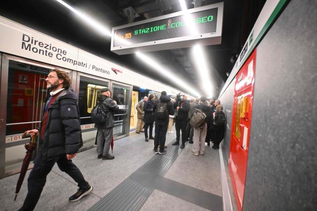 A photo shows the metro station Colosseo, during the opening ceremony of the Colosseo and Porta Metronia new Metro stations, designed as a museum to showcase the archaeological findings uncovered during its construction, in Rome on December 16, 2025. (Photo by Filippo MONTEFORTE / AFP)
