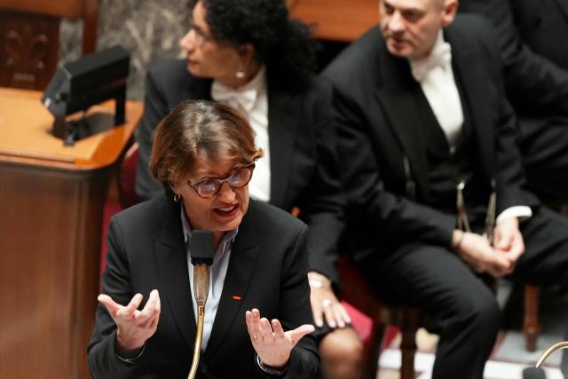 France's Agriculture Minister Annie Genevard gestures as she addresses MPs during a session of questions to the government at The National Assembly, France's lower house parliament, in Paris on December 16, 2025. (Photo by Dimitar DILKOFF / AFP)
