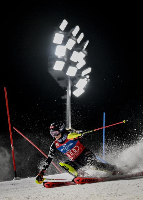 USA's Mikaela Shiffrin competes in the first run of the FIS Alpine Skiing women's World Cup 2025-2026 slalom in Courchevel, French Alps, on December 16, 2025. (Photo by Jeff PACHOUD / AFP)