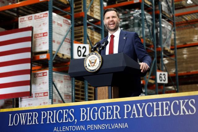 Vice President JD Vance delivers remarks at Uline Inc. in Allentown, Pennsylvania on December 16, 2025. Vance is flying to Pennsylvania where he is expected to make remarks on the economy later in the day. (Photo by Tom BRENNER / POOL / AFP)