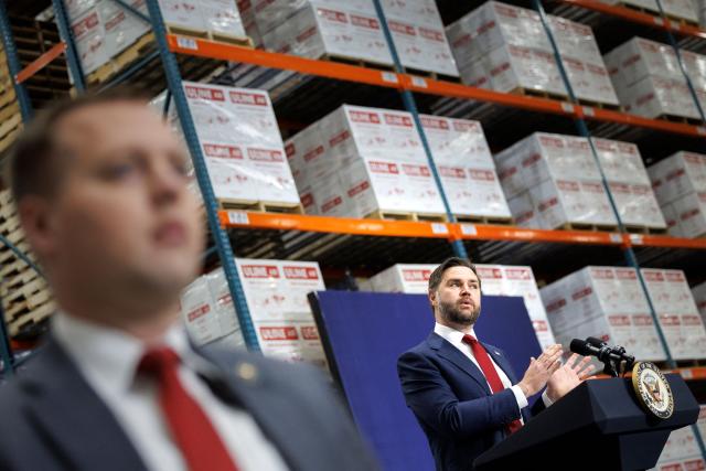 Vice President JD Vance delivers remarks at Uline Inc. in Allentown, Pennsylvania on December 16, 2025. Vance is flying to Pennsylvania where he is expected to make remarks on the economy later in the day. (Photo by Tom BRENNER / POOL / AFP)
